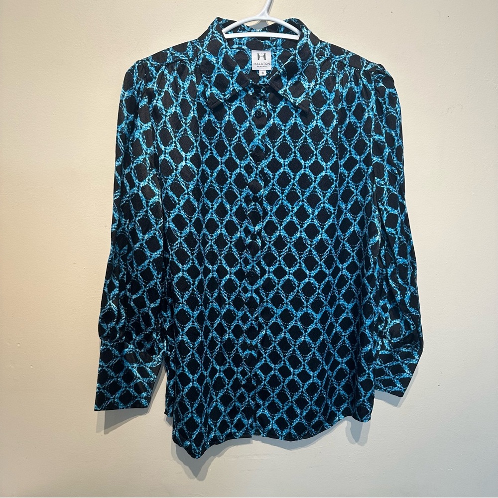 H by Halston Women's Black and Blue Geometric Top